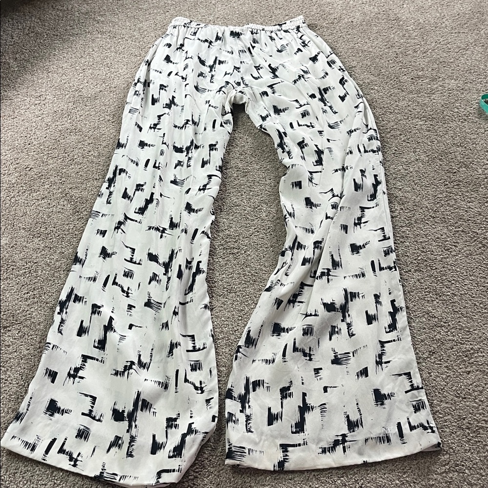 Parker 100% unlined Silk Lounging Wide Leg Trousers Black Cream Pockets szXS EUC